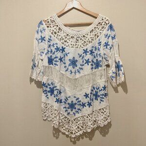 Anthropologie OLIVER by Escio Crochet Tunic Top M Cream Blue Boho Festival Beach